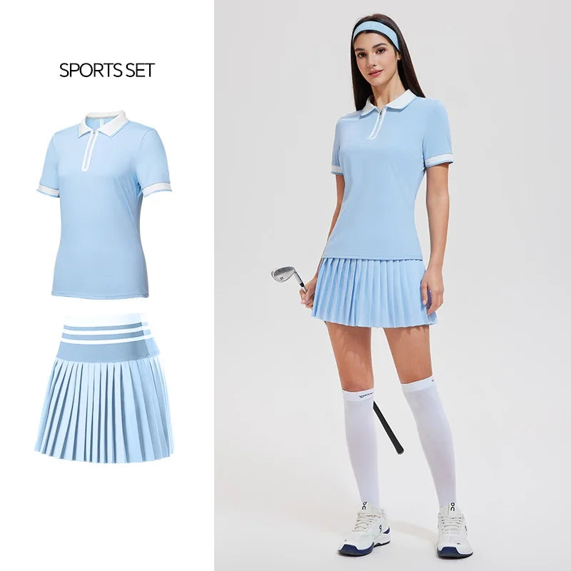 Red 2025 women's summer college girl polo set by Corporación Turística, includes a short-sleeve polo and matching skirt.