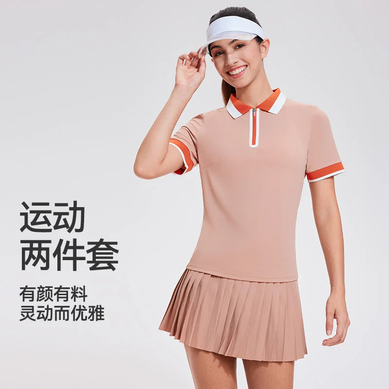 Red summer schoolgirl outfit for women featuring a polo shirt, from Corporación Turística, includes a matching skirt or shorts.