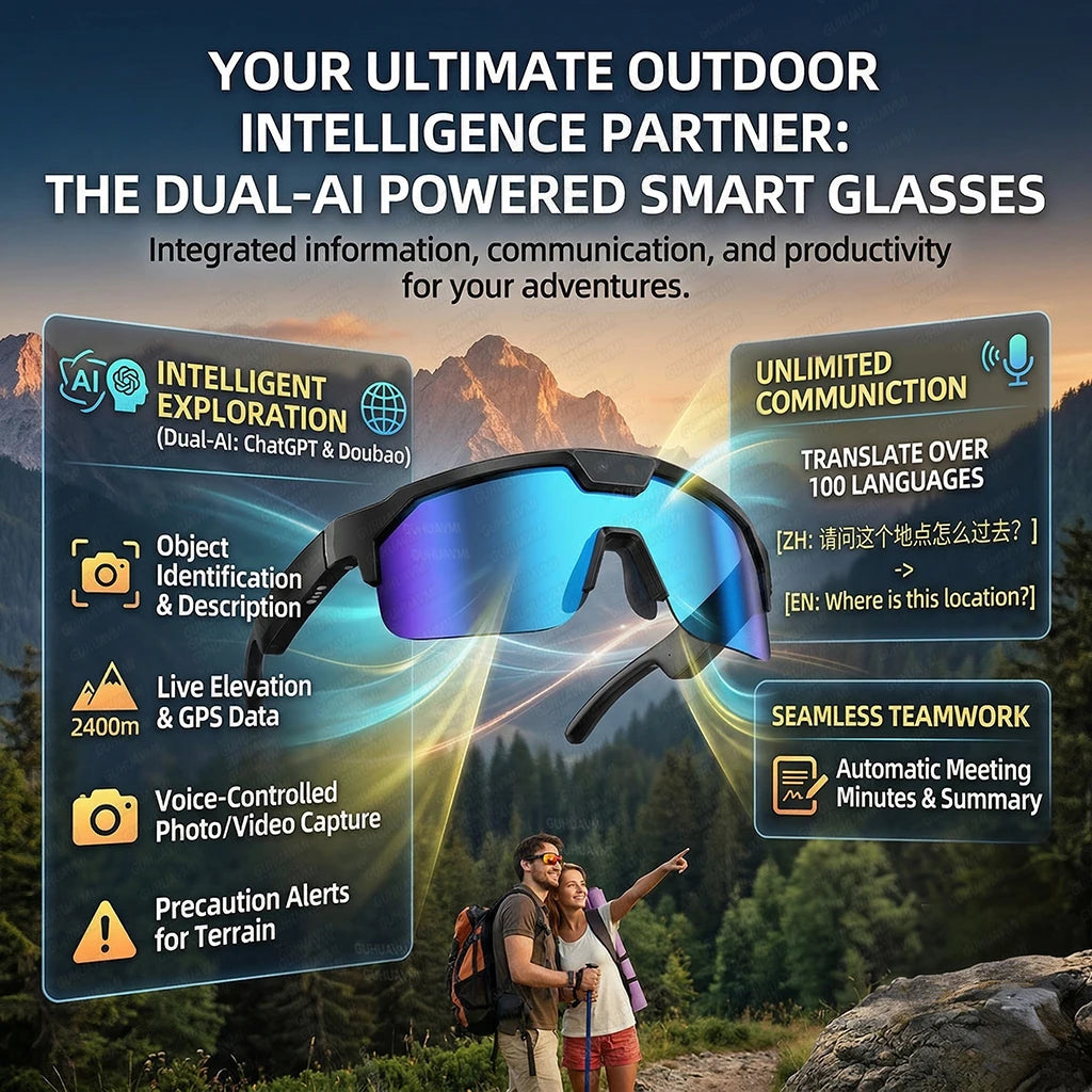 Smart glasses with AI and 4K camera from Corporación Turística, featuring 1200P resolution and sleek design.