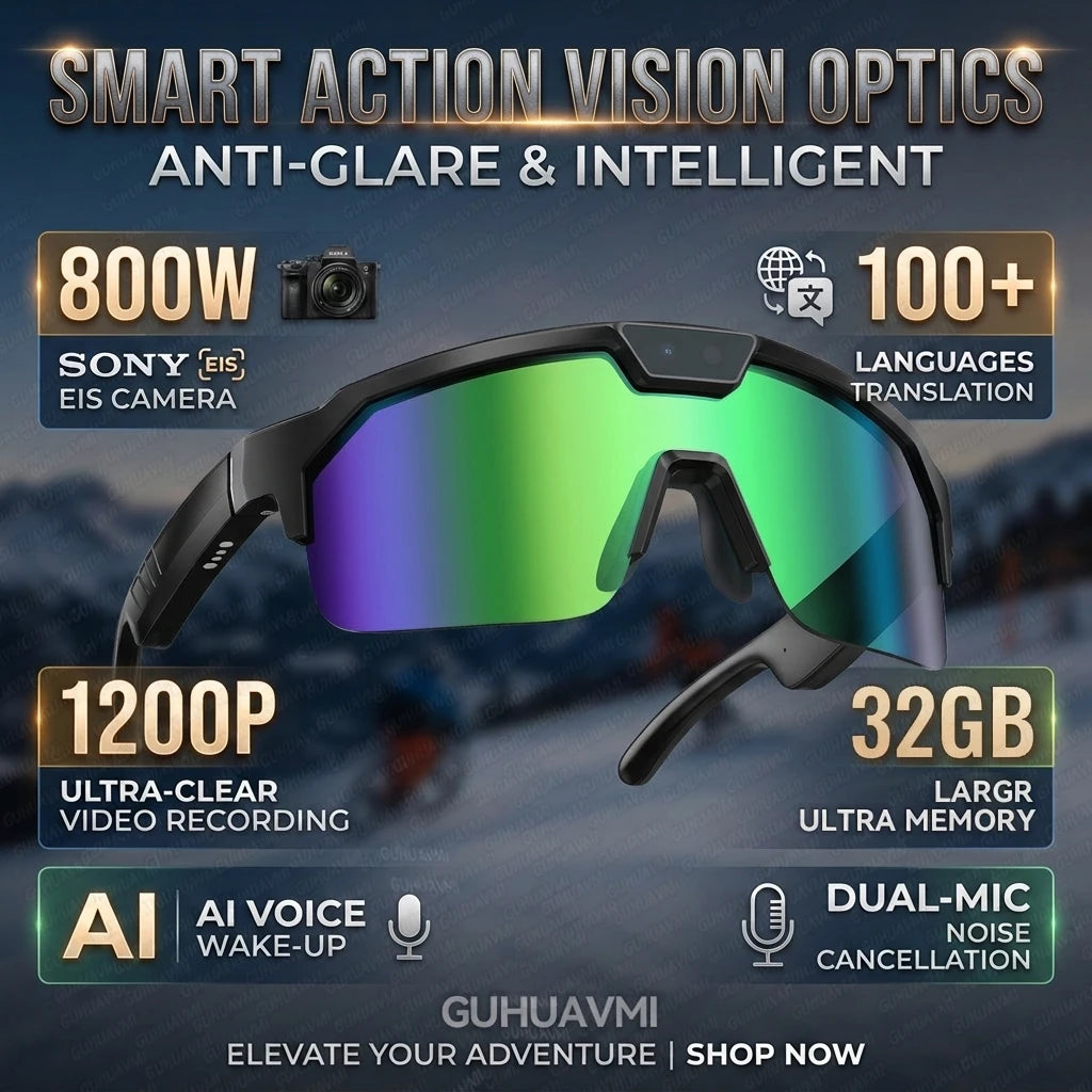 Corporación Turística smart glasses with AI 2026 featuring 1200P camera and 4K video recording, shown in a modern design.