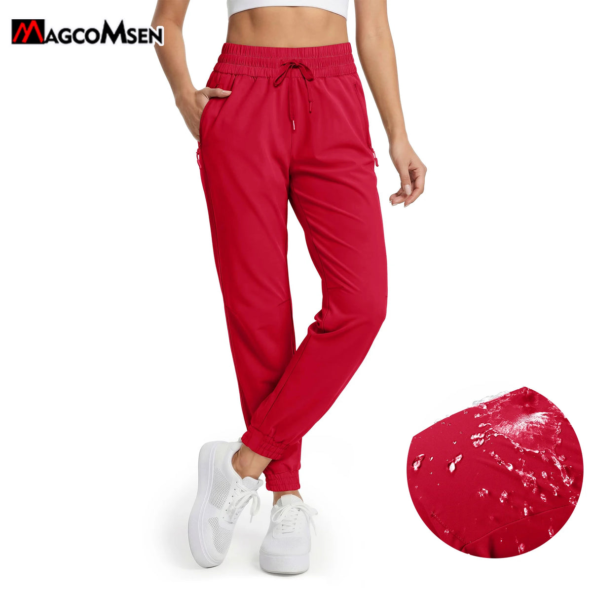 Magcomsen waterproof hiking pants for women in tomato red, made by Corporación Turística, suitable for outdoor trekking.