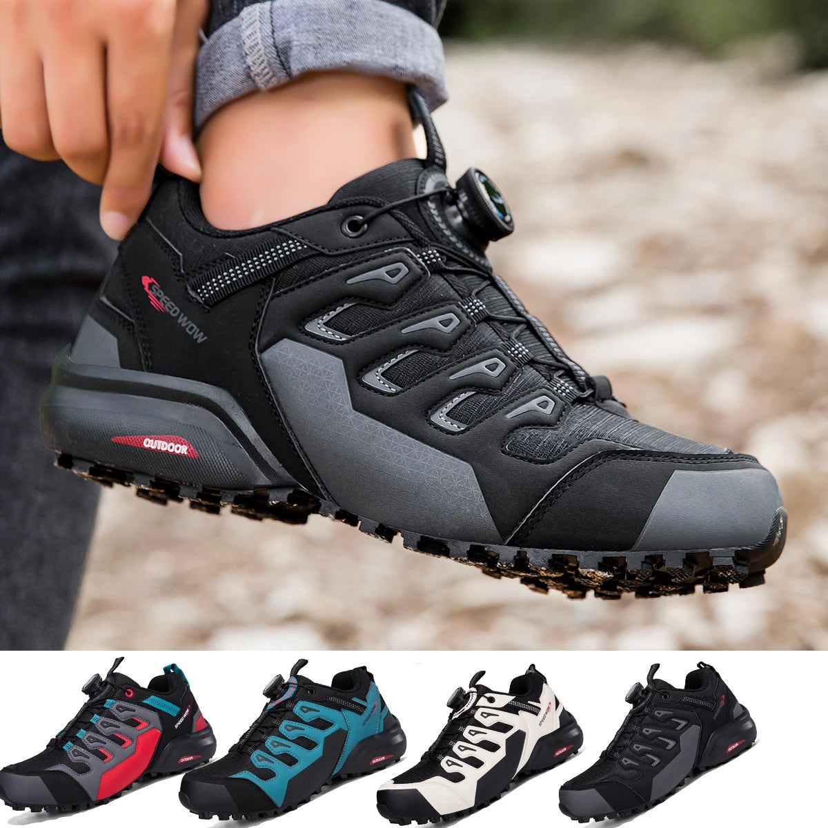 Men's hiking shoes by Corporación Turística, red leather trekking shoes with rugged soles for outdoor adventures.