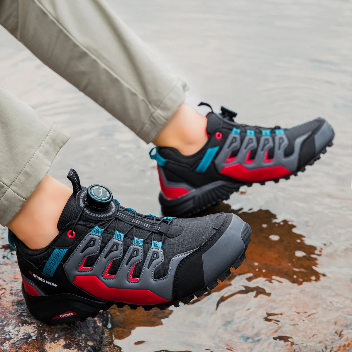 Men's hiking shoes by Corporación Turística, red leather hiking shoes with sturdy soles, designed for outdoor trekking and walking.