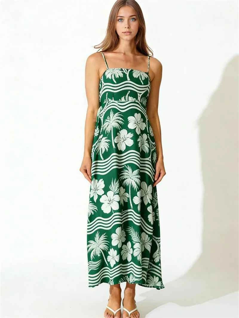 Elegant floral print long evening dress for women by Corporación Turística, featuring vibrant turquoise colors and flowing fabric.