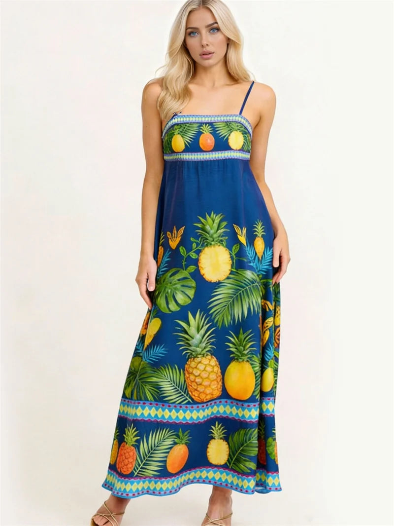 Elegant turquoise floral evening dress for women by Corporación Turística, featuring a long, flowing design with vibrant floral print.