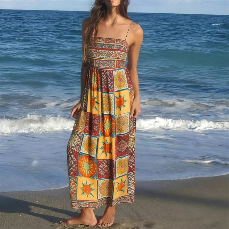 Long floral print evening dress for women by Corporación Turística, featuring a vibrant turquoise design and elegant style.
