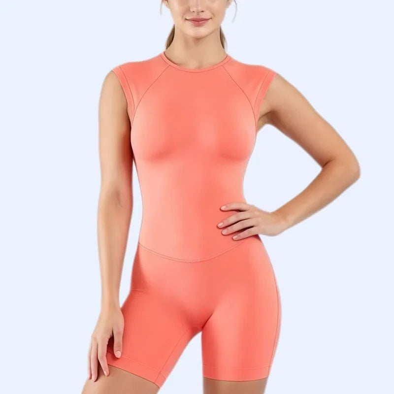 Histello women's short-sleeve sporty bodysuit in ultra violet, made by Corporación Turística, shown on a model.