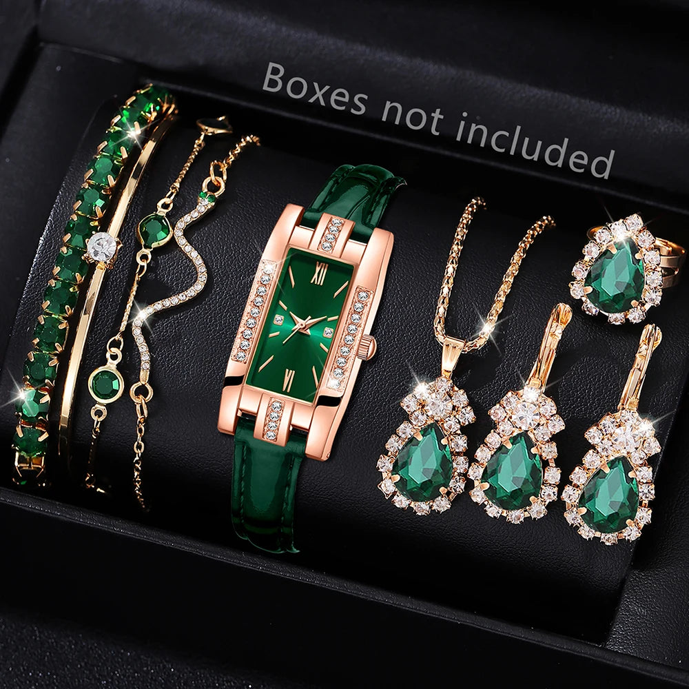 Luxurious 6-in-1 jewelry set by Corporación Turística featuring a watch, necklace, earrings, and ring in green.