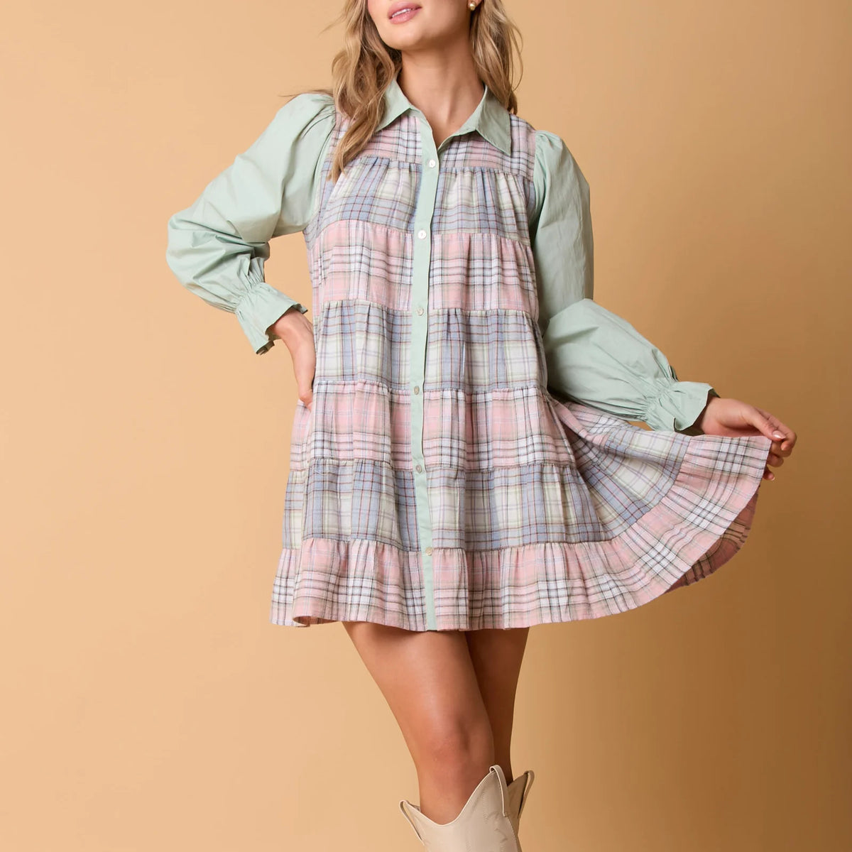Green plaid cotton minivestido camisero for women by Corporación Turística, featuring a relaxed fit and button-front design.