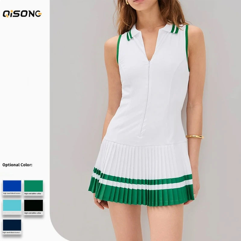Green women's tennis dress with V-neck and zipper, designed for active wear, from Corporación Turística.