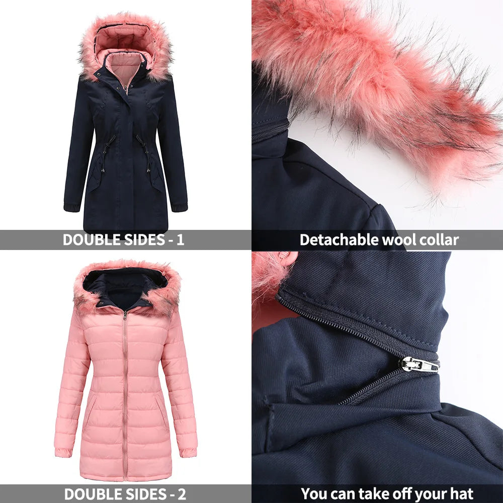 Women's double-sided winter jacket by KIDCRKJ in green military color, featuring a stylish, warm, and versatile design.