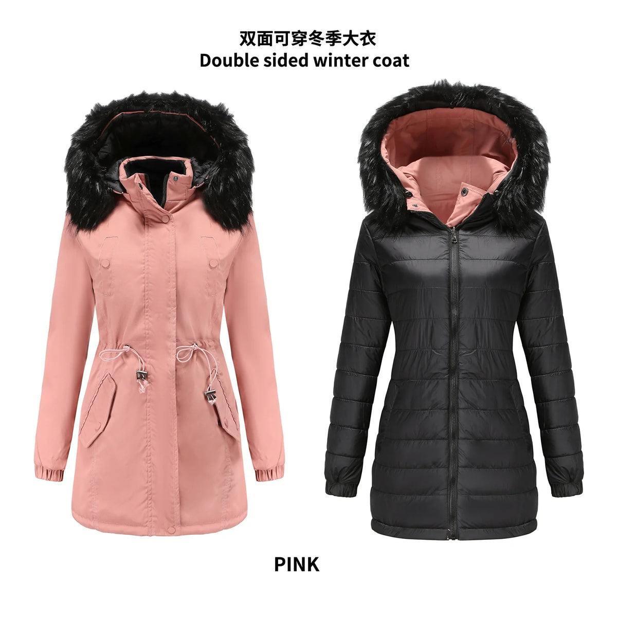 Women’s double-sided winter jacket in military green by KIDCRKJ, featuring a stylish, warm design perfect for cold weather.