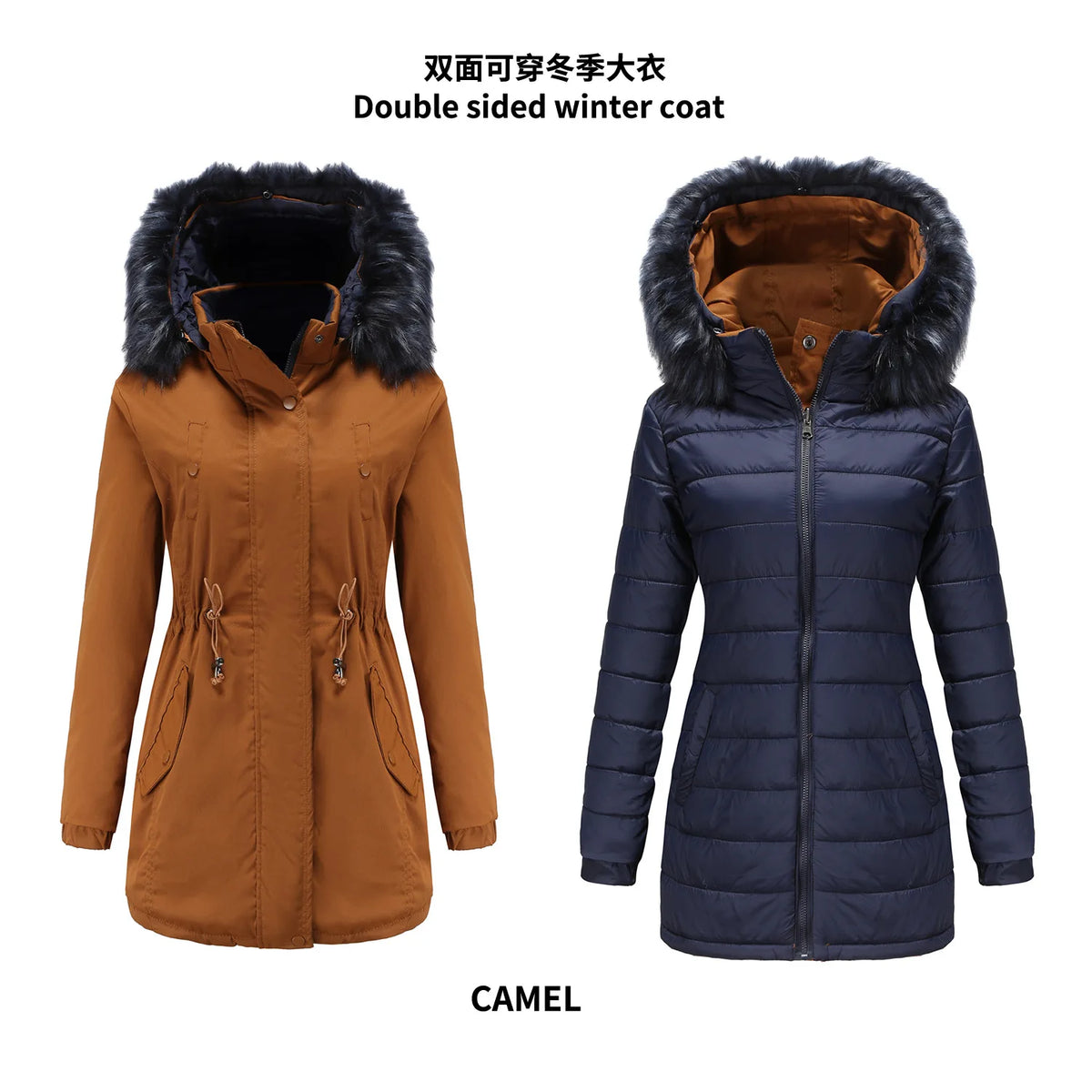 Women's double-sided winter jacket by KIDCRKJ in green military color, featuring a cozy, versatile design and warm insulation.