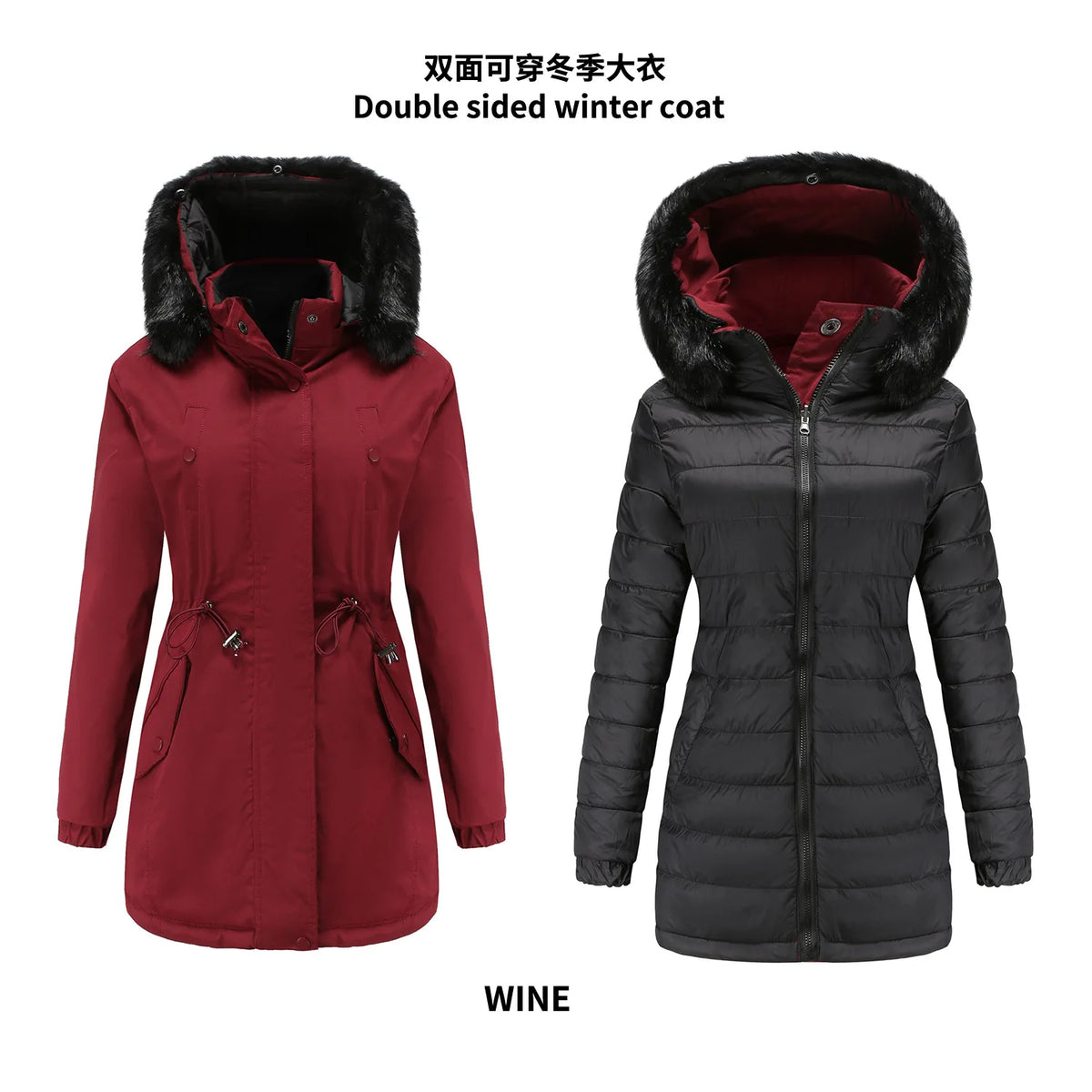 Women's double-sided winter jacket by KIDCRKJ in green military color, stylish and warm outerwear for cold weather.