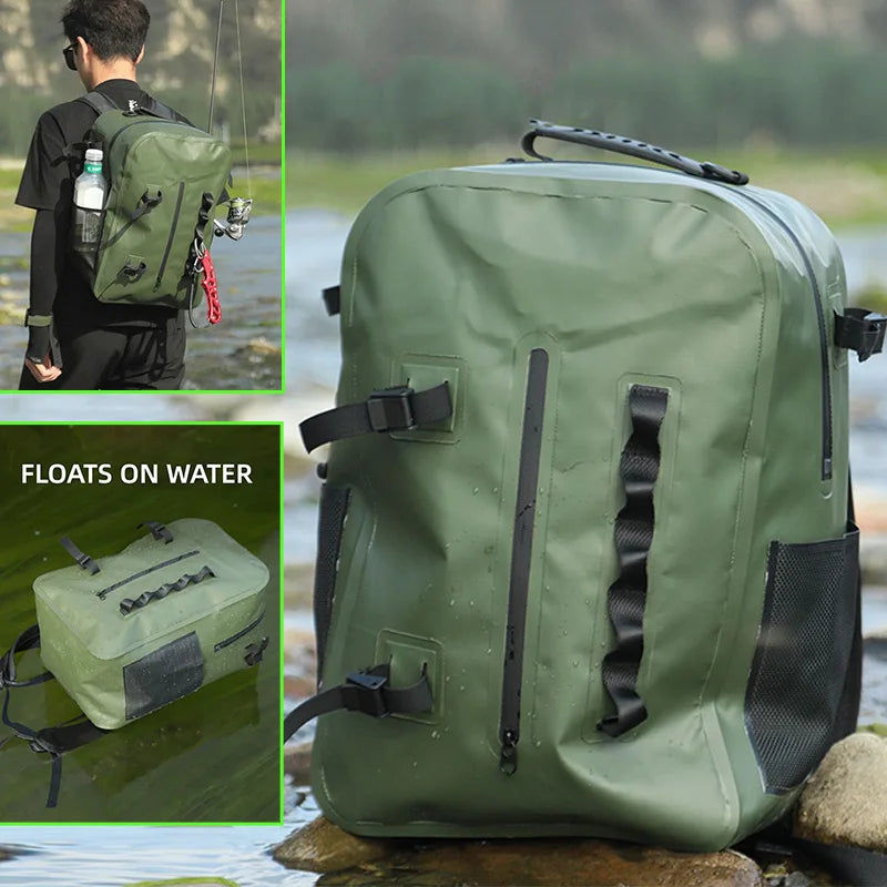 Green waterproof fishing backpack with built-in rod support from Corporación Turística, designed for anglers on the go.