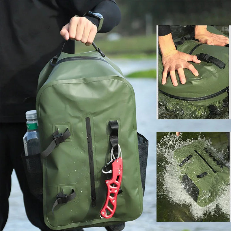Green waterproof fishing backpack with built-in rod holder, designed for anglers, by Corporación Turística.