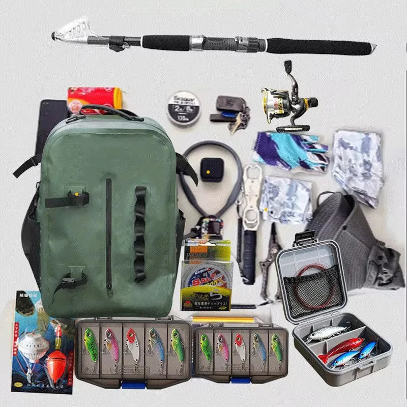 Green waterproof fishing backpack with built-in rod holder by Corporación Turística, designed for anglers and outdoor fishing trips.