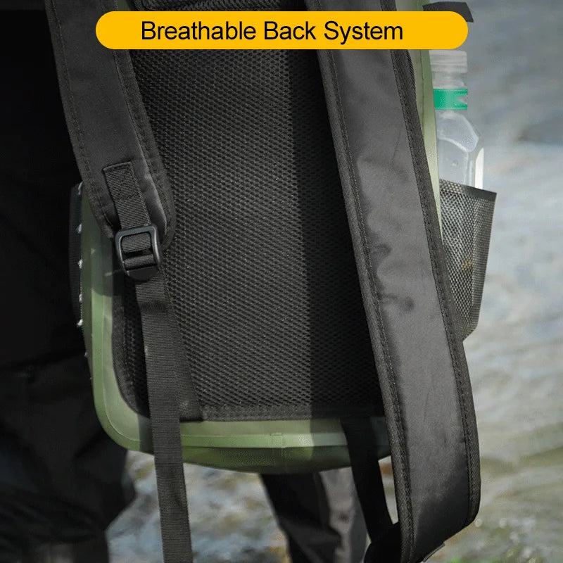 Green waterproof fishing backpack by Corporación Turística with rod support, ideal for anglers and outdoor fishing adventures.