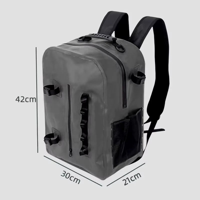 Green waterproof fishing backpack by Corporación Turística with built-in rod holder and multiple storage compartments.