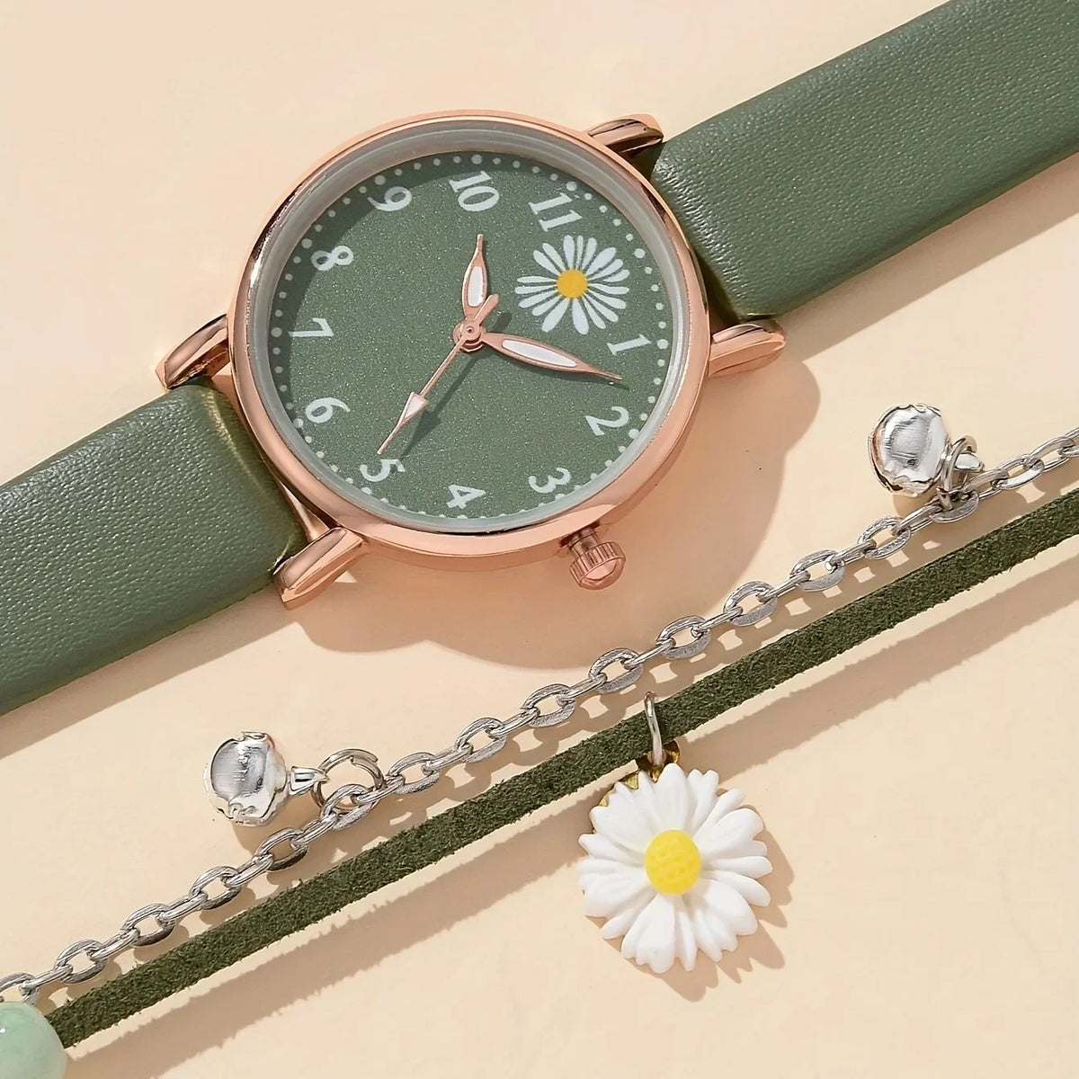 Electronics watch with round pointer and green strap, quartz movement, by Corporación Turística.