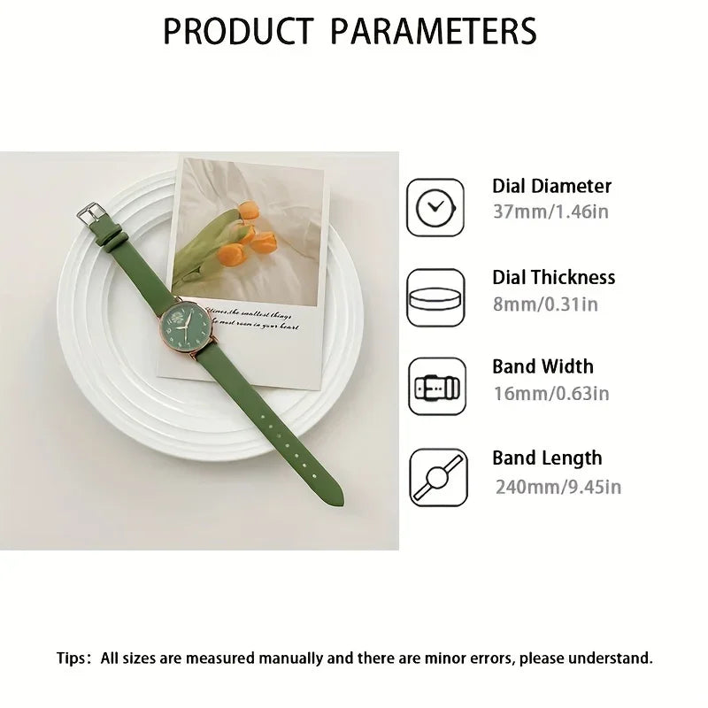 Electronic wristwatch by Corporación Turística with a round pointer, green strap, and quartz movement, stylish and modern design.