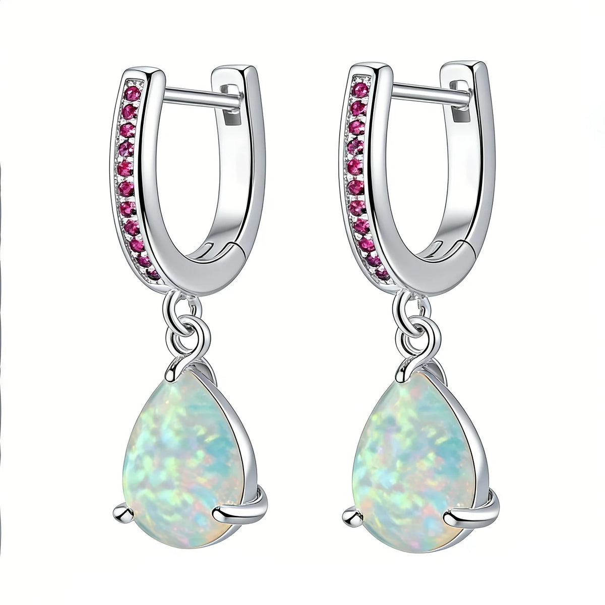 Green fire opal dangle earrings for women featuring vibrant, polished gemstone pendants with silver hooks.