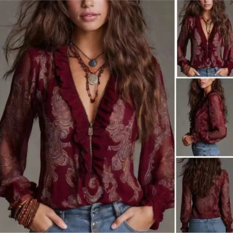Nueva blusa sexy para mujer en estilo boho chic con cuello, en color verde, de Corporación Turística.