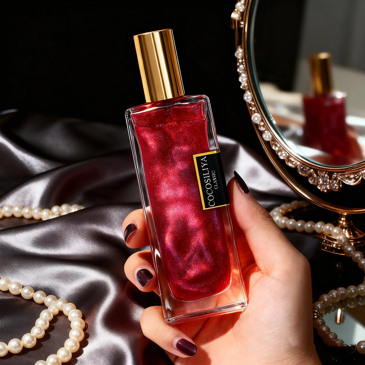 50ml Berlin Girl Women Shimmer Quicksand Eau de Parfum bottle with a sleek design and shimmering accents, by Corporación Turística.