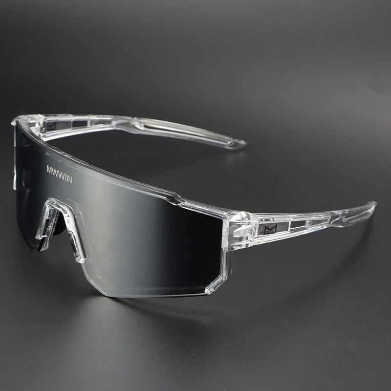 Fashionable men's cycling sunglasses by MWWIN from Corporación Turística, featuring sporty black frames and tinted lenses.