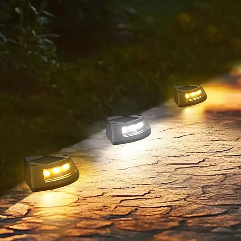 Exterior staircase solar lights with 3 warm white LED lamps from Corporación Turística, weather-resistant outdoor lighting.