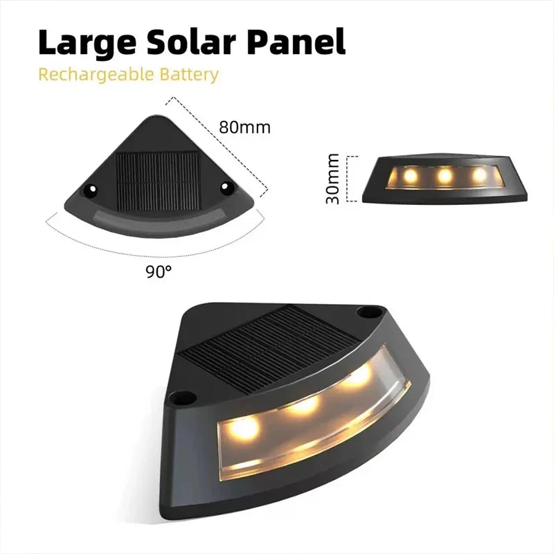 Outdoor solar staircase lights with three warm white LED lamps, ideal for illuminating exterior steps safely.