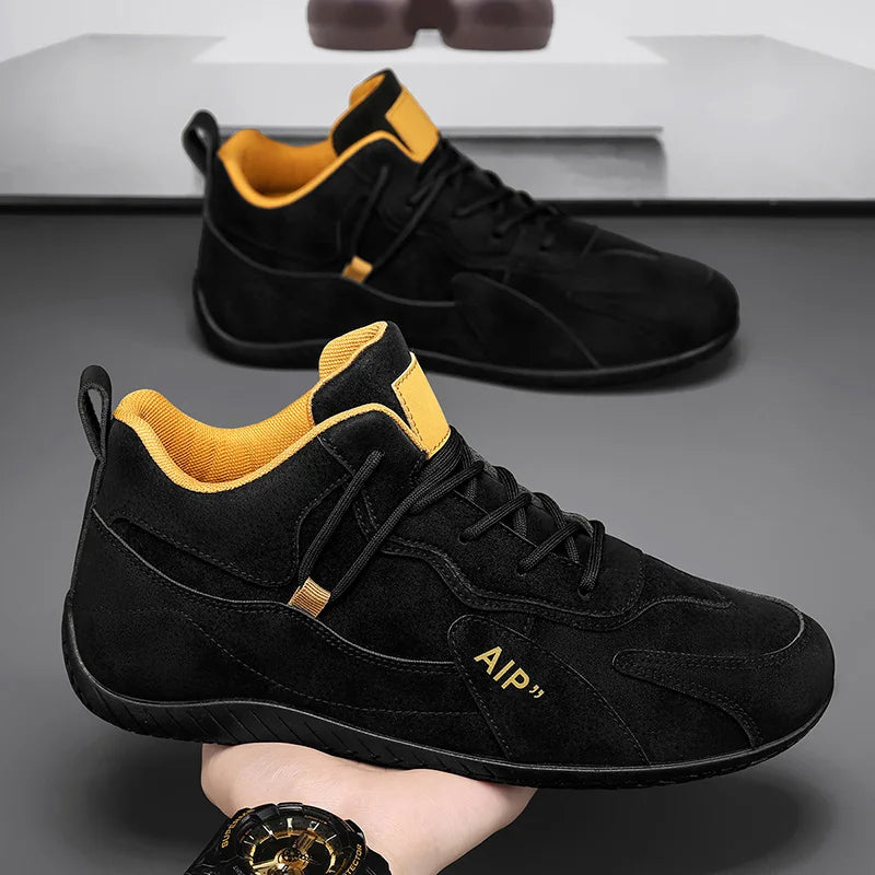 Black men's casual high-top moccasins and athletic shoes by Corporación Turística, front view showing design and comfort features.
