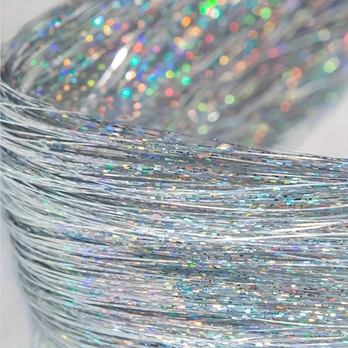 Set of 12 white synthetic hair clip-on oropel extensions, 20 inches long, for costume or decorative hair accessories.