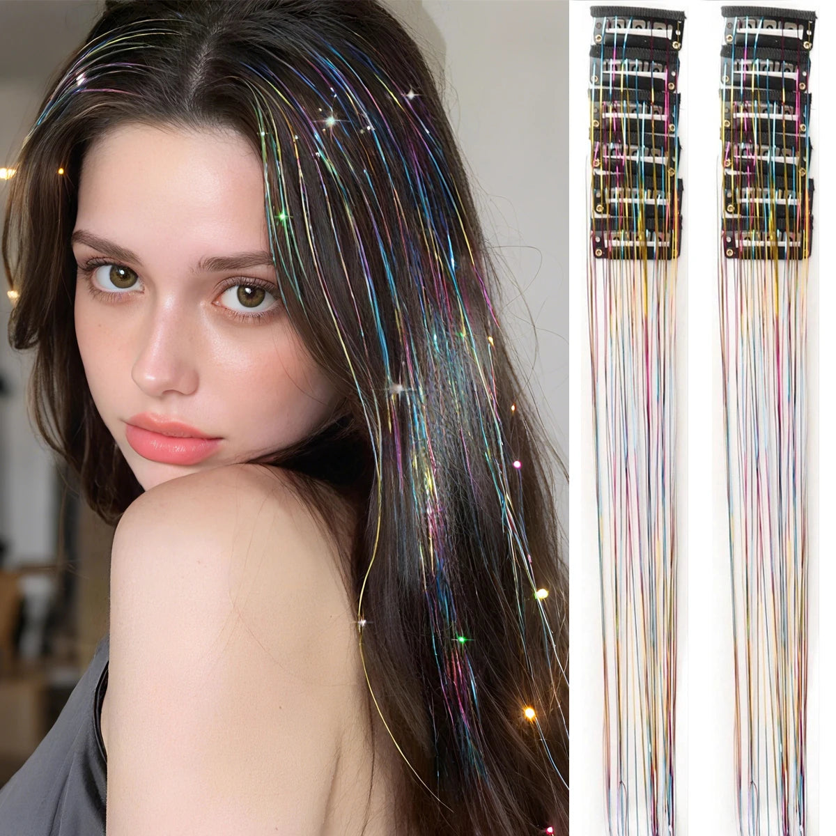 12 pieces of synthetic hair clip-in hair ornament with gold-colored oropel, featuring shiny, decorative hair accessories.