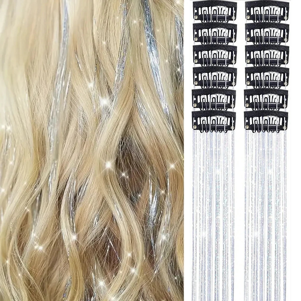 12 uds. de oropel de pelo sintético con clips en color blanco, ideal para decoraciones y proyectos creativos.