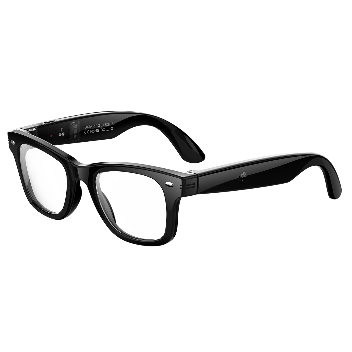 White Echowear smart glasses with UV monitoring and frequency features, designed by Corporación Turística.