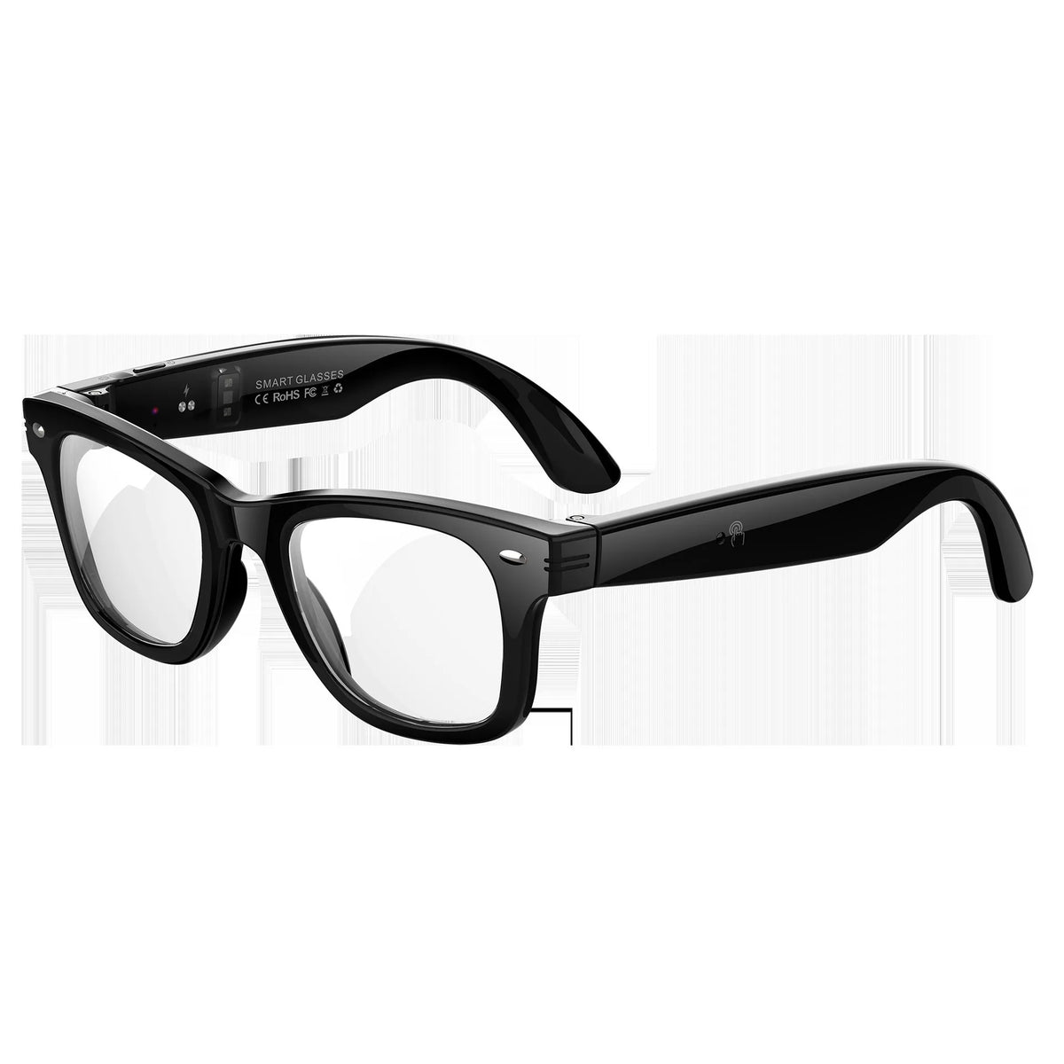 White Echowear smart glasses with UV monitoring and frequency features, designed for wearable health and environmental tracking.