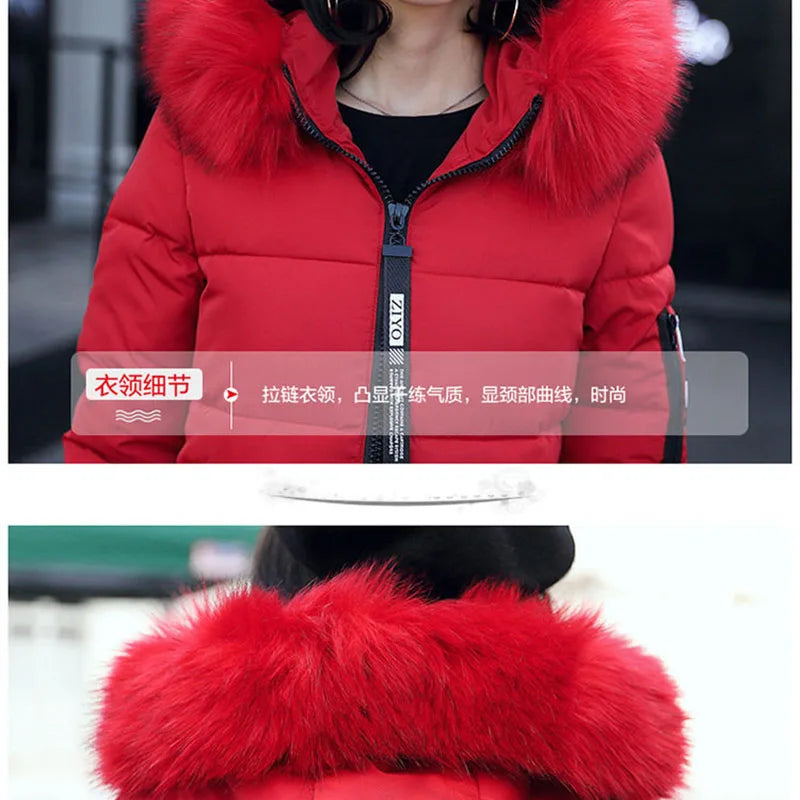 Women's winter parka coat with faux fur collar, white color, by Corporación Turística, shown on a model.