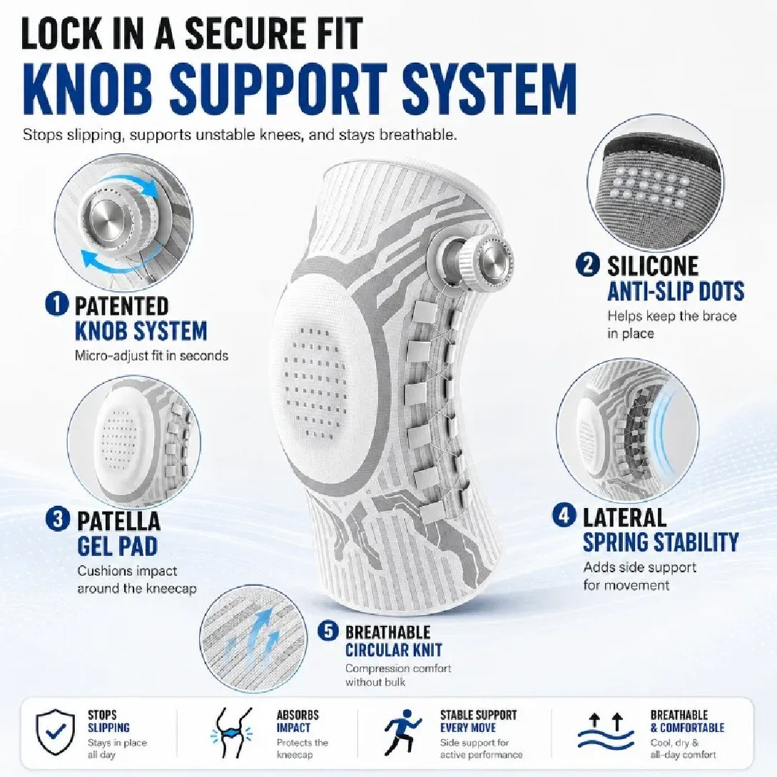 White smart knee brace with gel pad for patella support by Corporación Turística, shown from the left side.