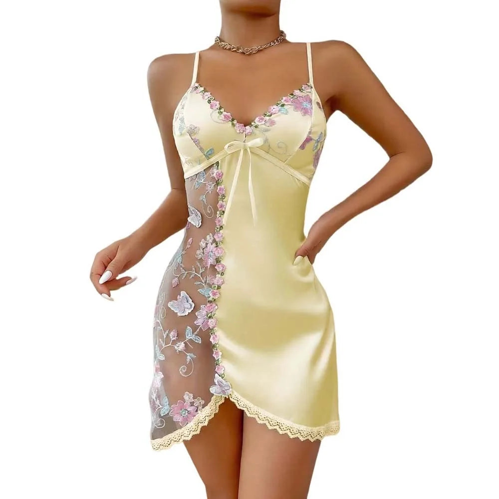 White lace camisón de encaje fino con lazo para mujer, cómodo vestido de noche de Corporación Turística.