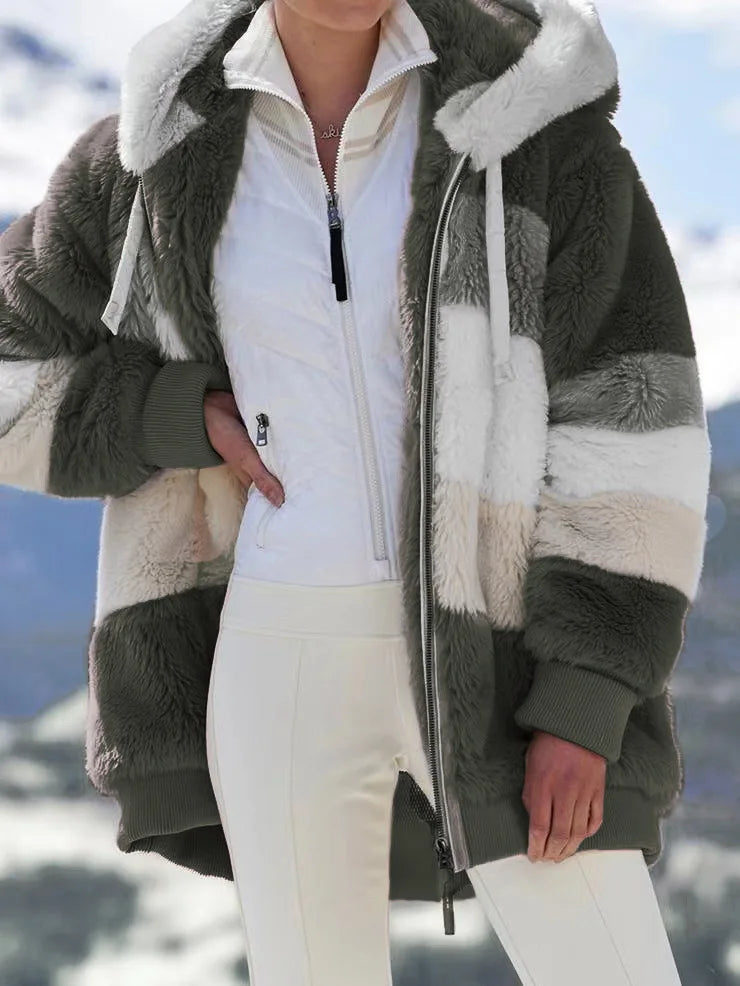 White oversized fleece zip-up coat for women by Corporación Turística, featuring a cozy, relaxed fit and front zipper detail.