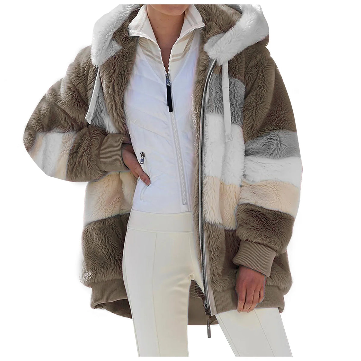 White women's oversized fleece zip-up coat by Corporación Turística, cozy and stylish for cold weather.