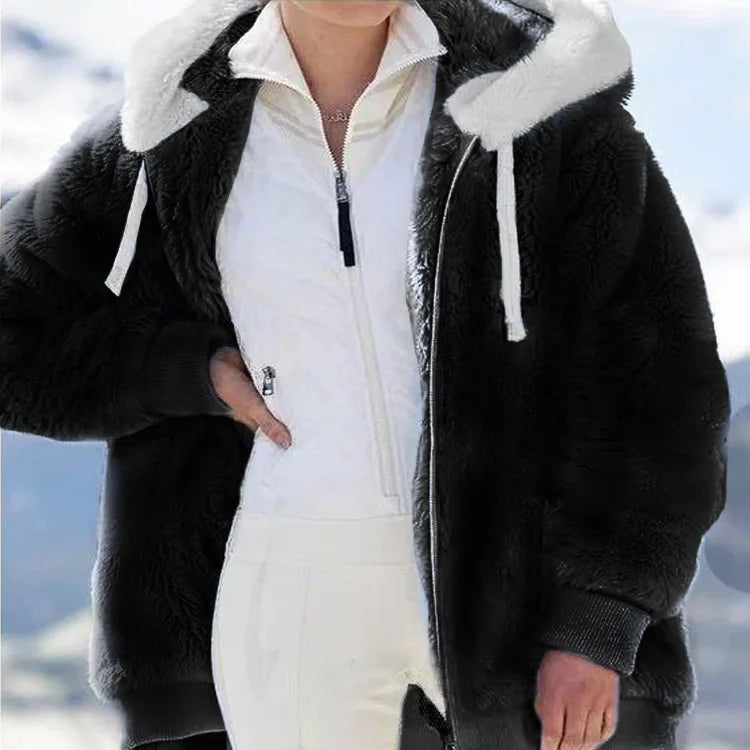 White women's oversized fleece hoodie with zipper, casual coat by Corporación Turística, featuring a relaxed fit and cozy material.