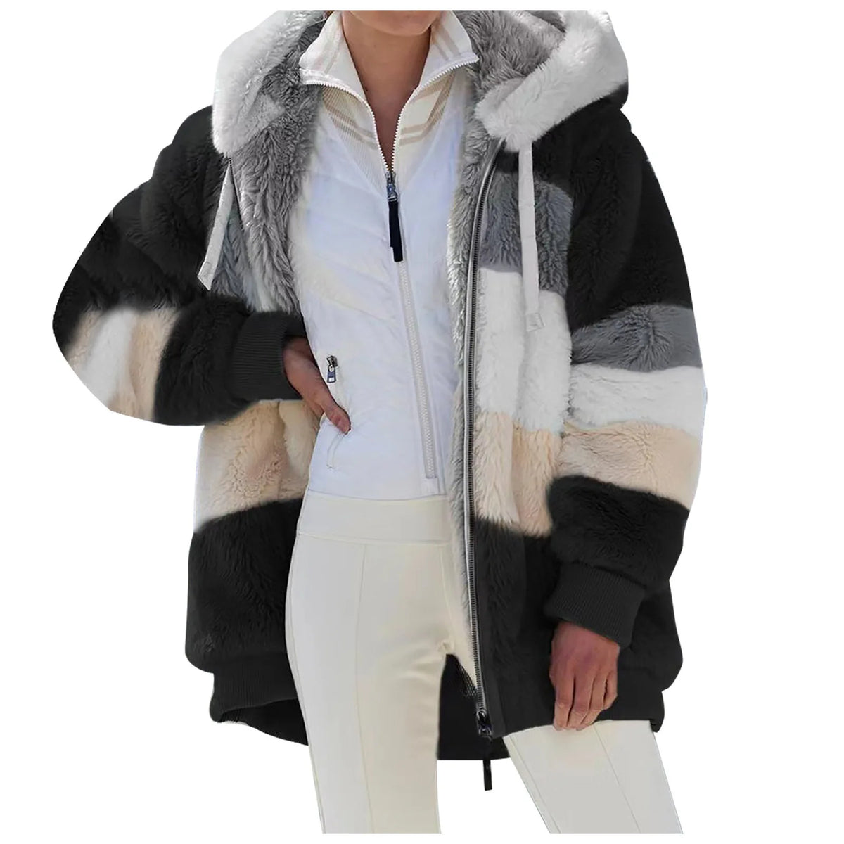 White women's oversized fleece zip-up coat by Corporación Turística, featuring a cozy, relaxed fit and front zipper closure.