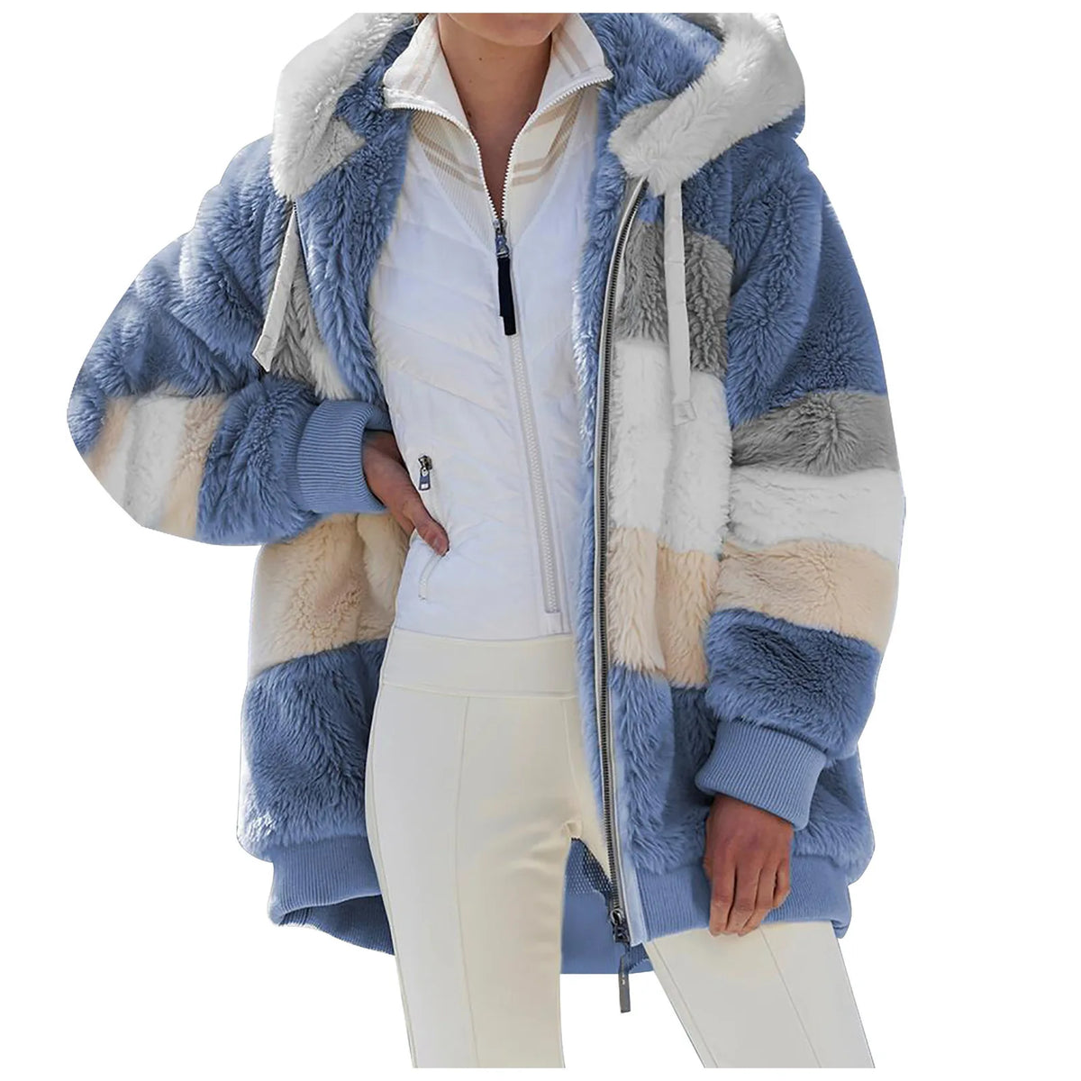 White women's oversized fleece hoodie with zipper from Corporación Turística, cozy and casual for cool weather.