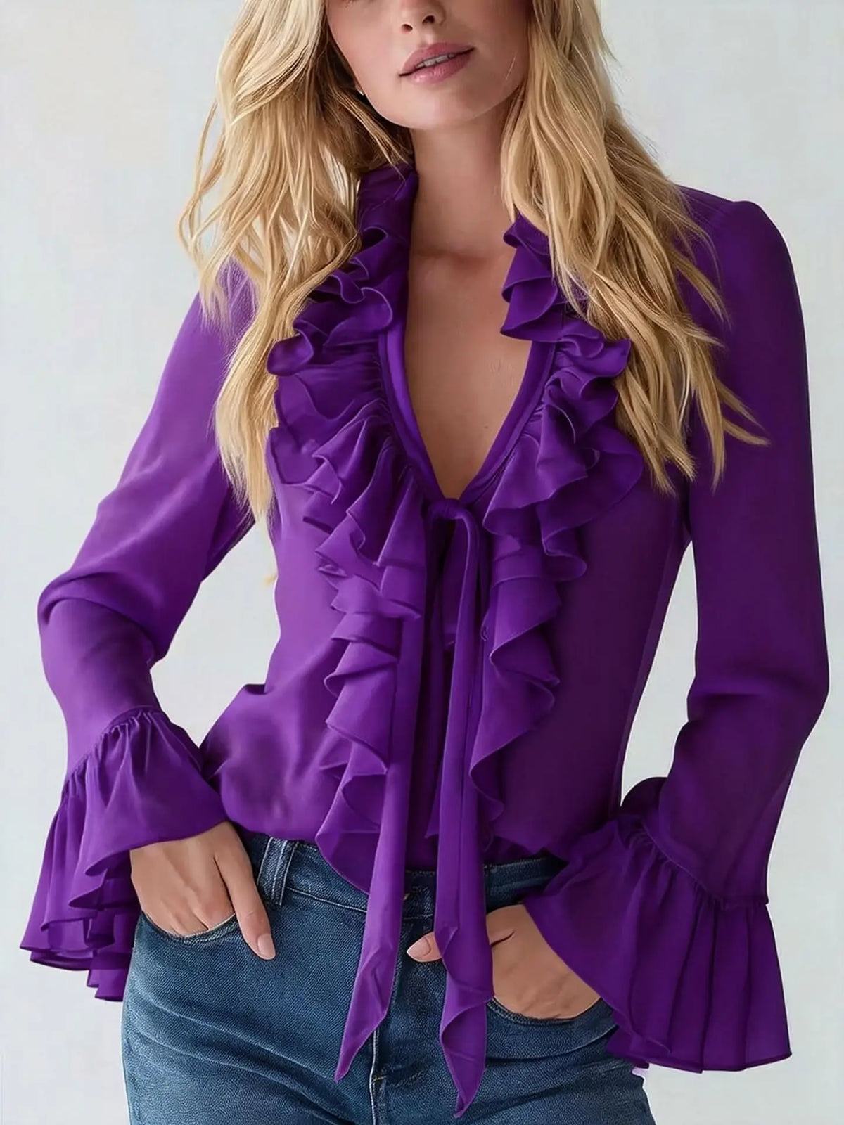 White women's blouse with ruffles, cord details, long flared sleeves, by Corporación Turística.