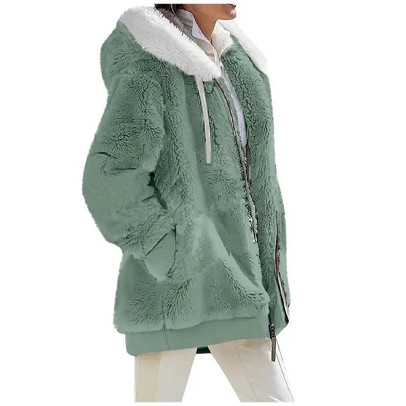 White women's casual hoodie coat with front zipper, featuring a hood for a comfortable, stylish look.