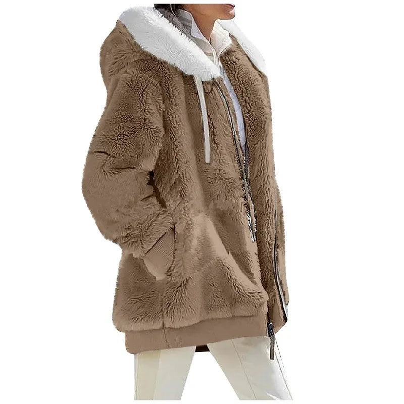Women's casual hoodie coat with zipper and hood, white color, from Corporación Turística, shown in XXL size.
