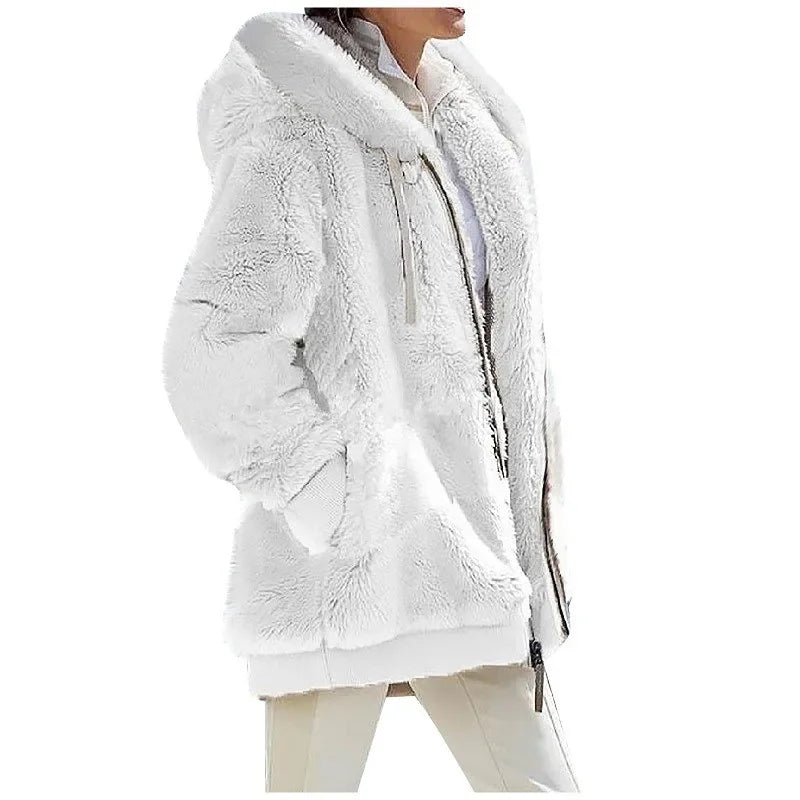 White women's casual hoodie coat with zipper and hood, styled for comfort and everyday wear by Corporación Turística.