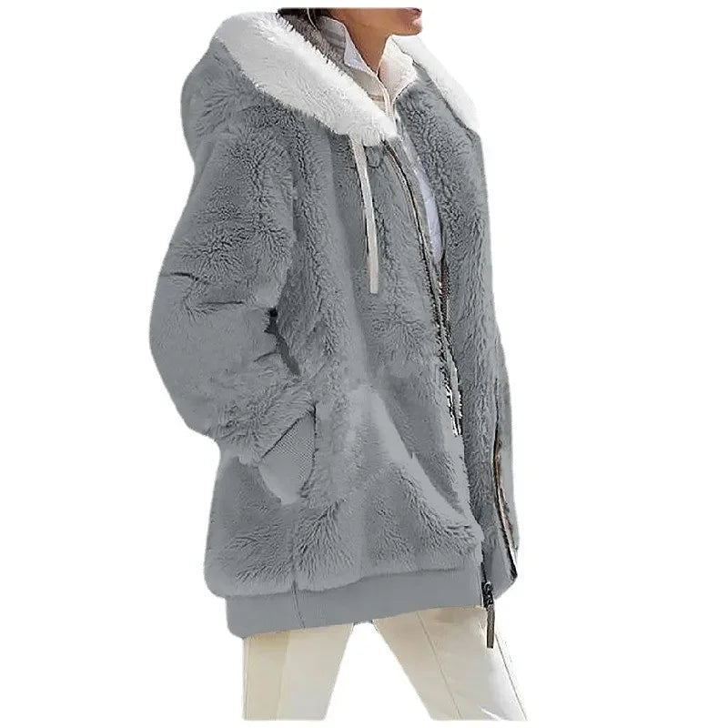 White women's casual hoodie jacket with zipper and hood, featuring a relaxed fit from Corporación Turística.